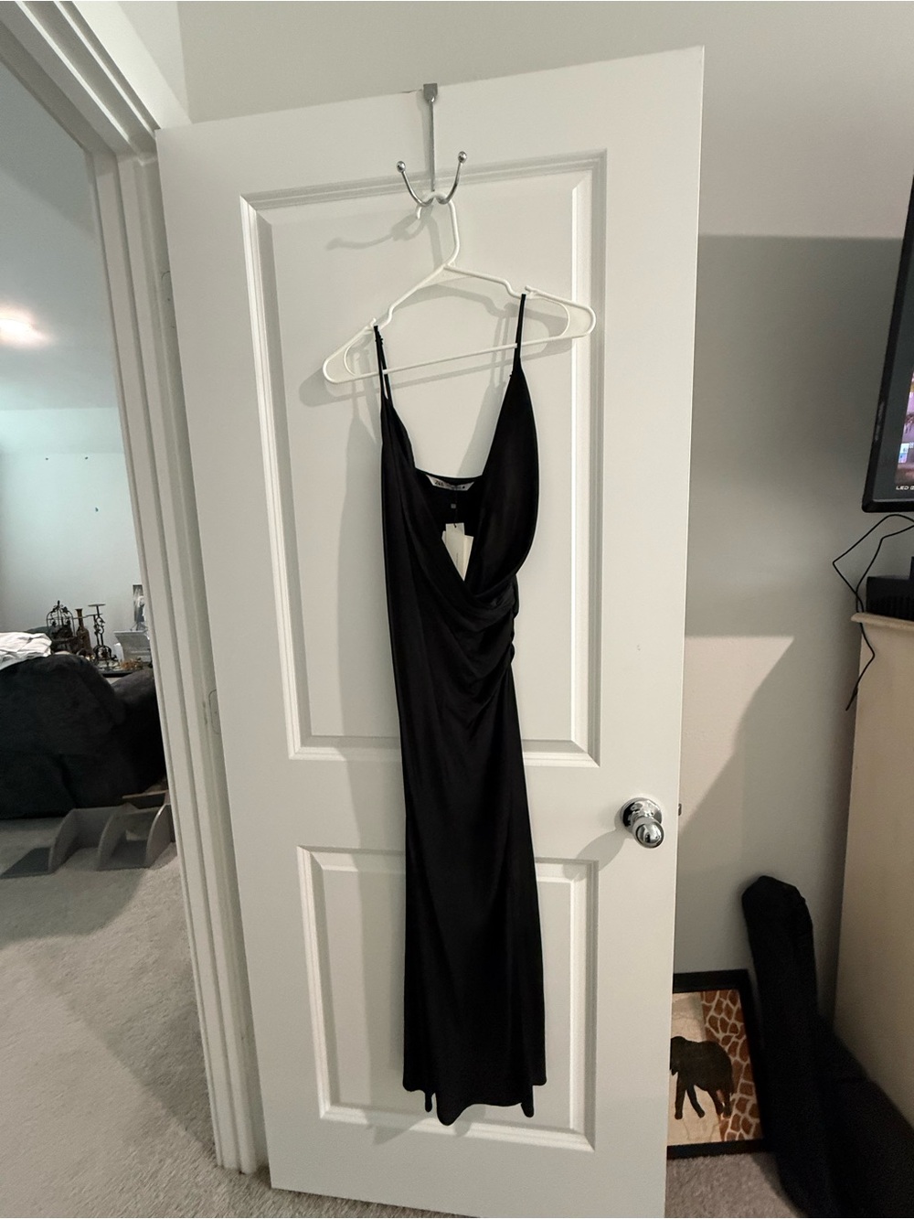 Zara Black Satin Cowl Neck Draped Maxi Dress - Size M - NWT